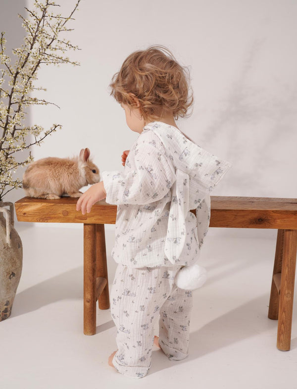 Hanorac din muselina cu iepurasi blue